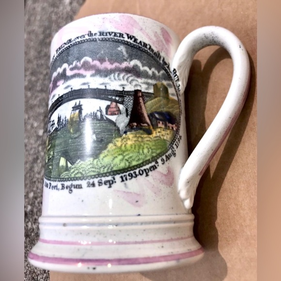 1796 Antique Pearl Pink Luster Transferware CAST IRON BRIDGE Frog Mug - Picture 7 of 8